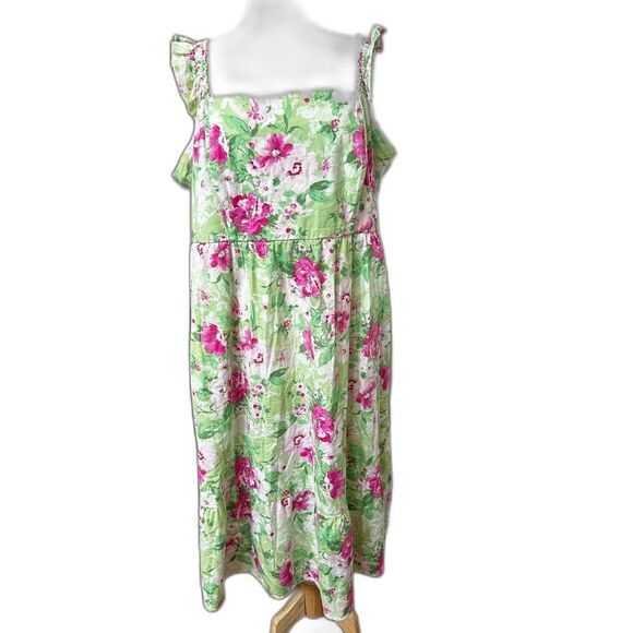 Torrid Sleeveless Pink & Green Floral Pastel Smocked Tiered Sun Dress - Plus 3X